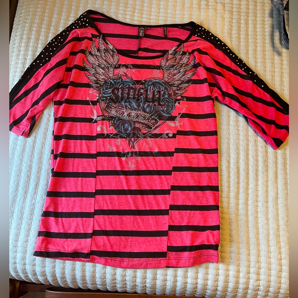 Sinful - Hot-pink and Black Striped Top with Rhinestone shoulder embellishment